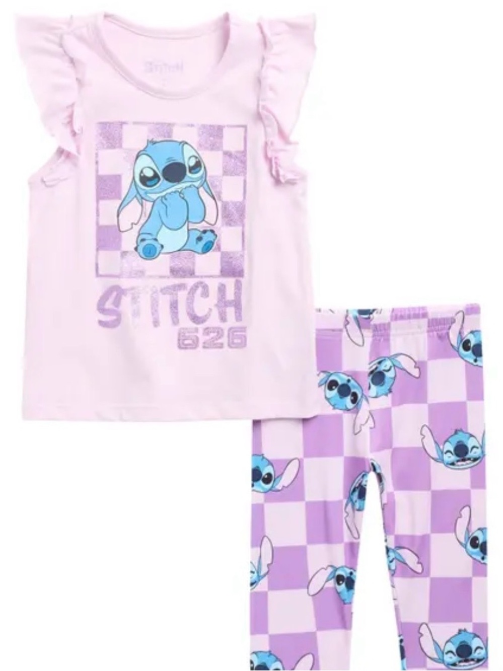 Nordstrom Pink & Purple Lilo & Stitch Ruffle Tank and Check Legging Set